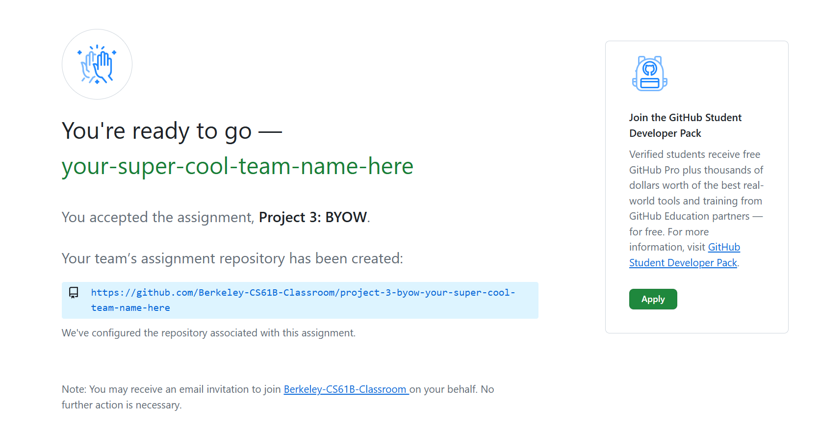 GitHub Classroom page with team name